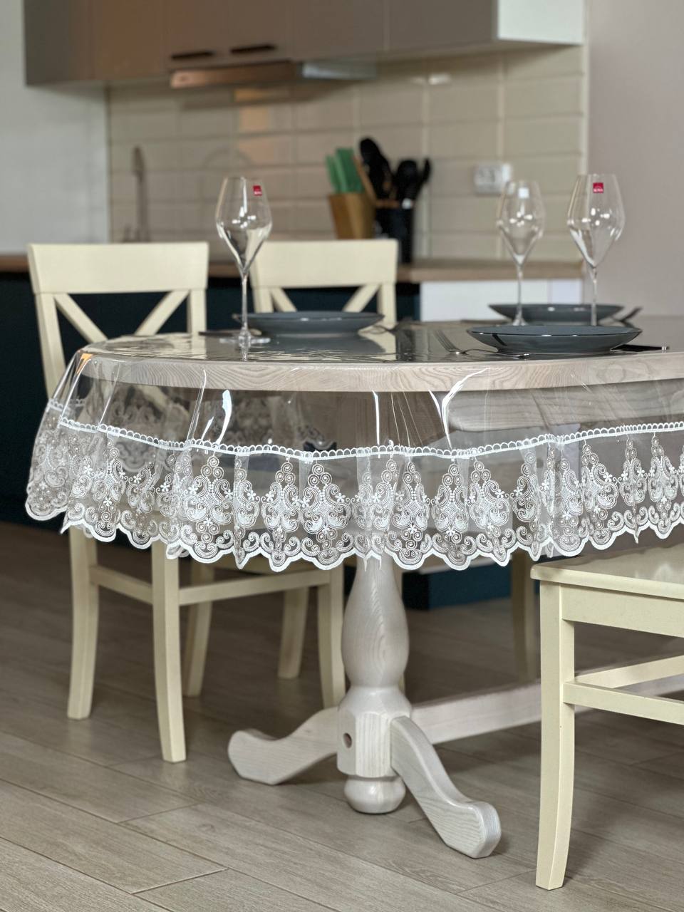 Silicone tablecloth with Richelieu lace, 2 colors: milk and Cappuccino (custom size or standard size)