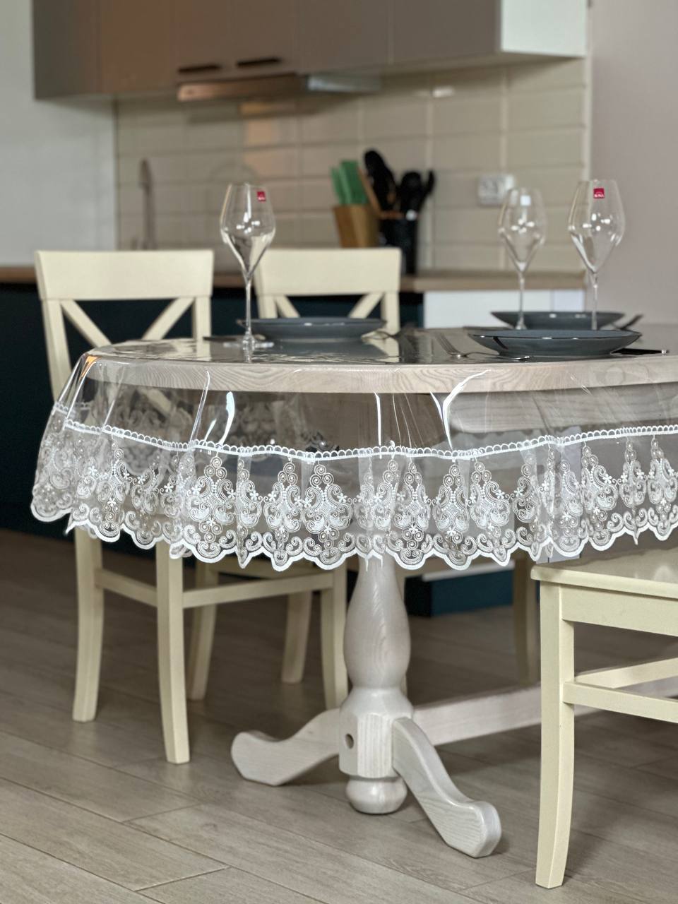 Silicone tablecloth with Richelieu lace, 2 colors: milk and Cappuccino (custom size or standard size)