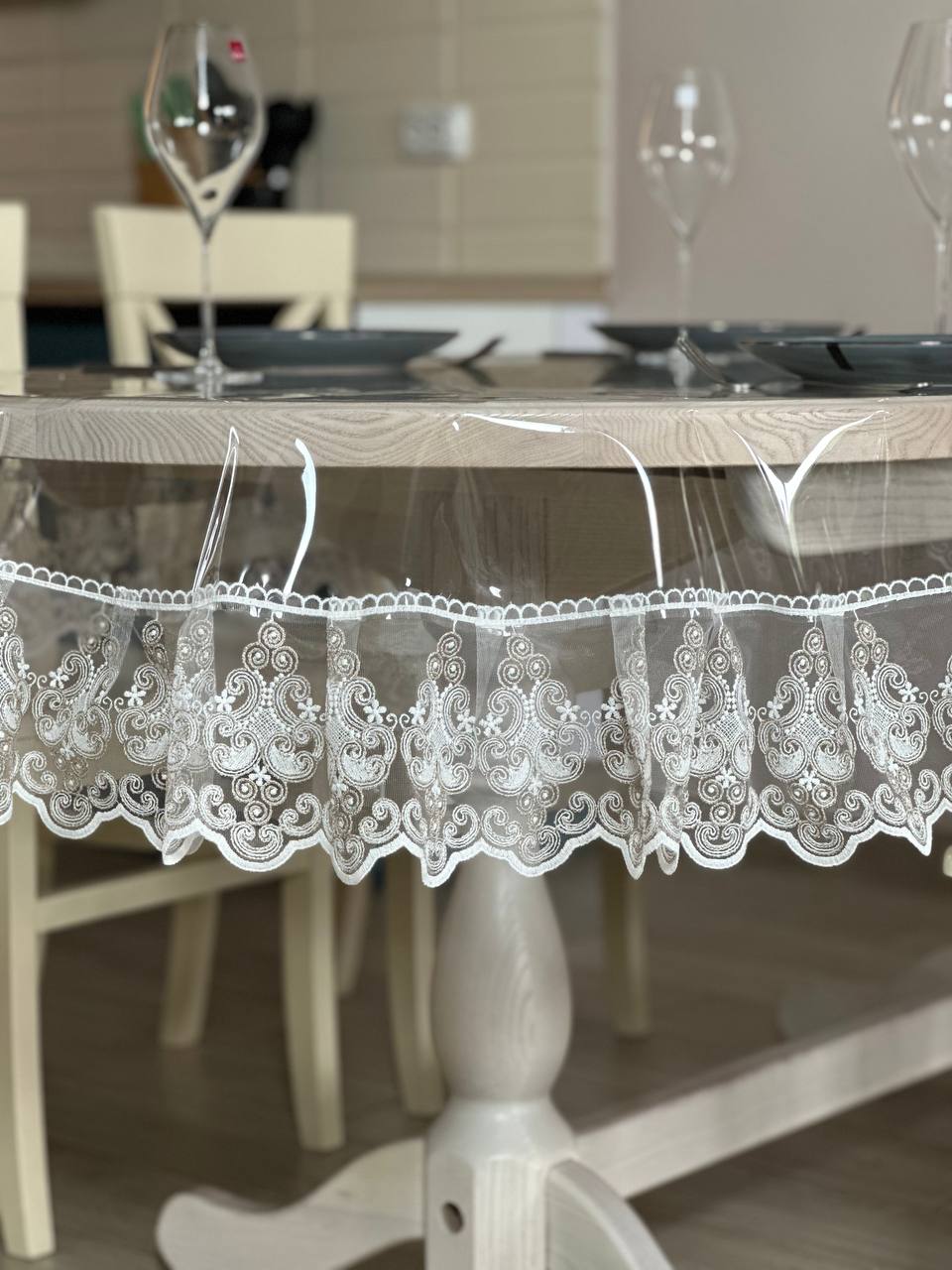 Silicone tablecloth with Richelieu lace, 2 colors: milk and Cappuccino (custom size or standard size)