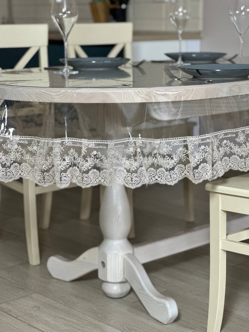 Silicone tablecloth with Blumarine lace, color: Cappuccino (custom size or standard size)