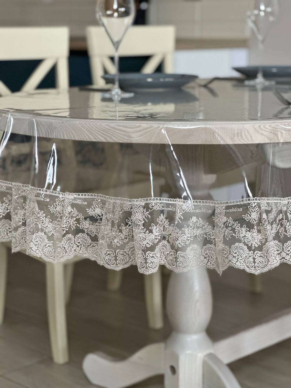 Silicone tablecloth with Blumarine lace, color: Cappuccino (custom size or standard size)