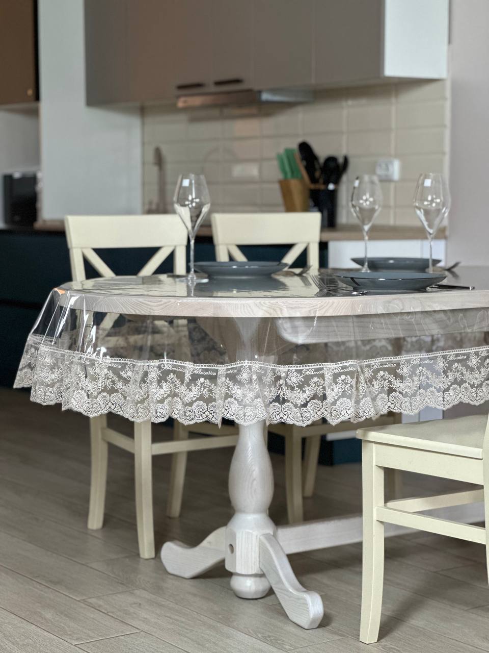 Silicone tablecloth with Blumarine lace, color: Cappuccino (custom size or standard size)