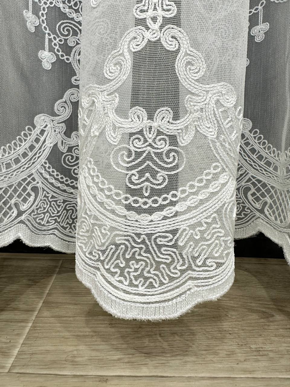 Sheer curtain with chenille embroidery on the bottom , milk color