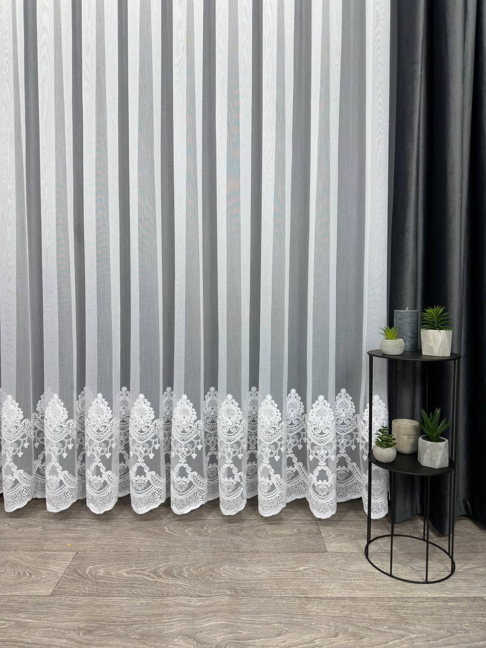 Sheer curtain with chenille embroidery on the bottom , white color