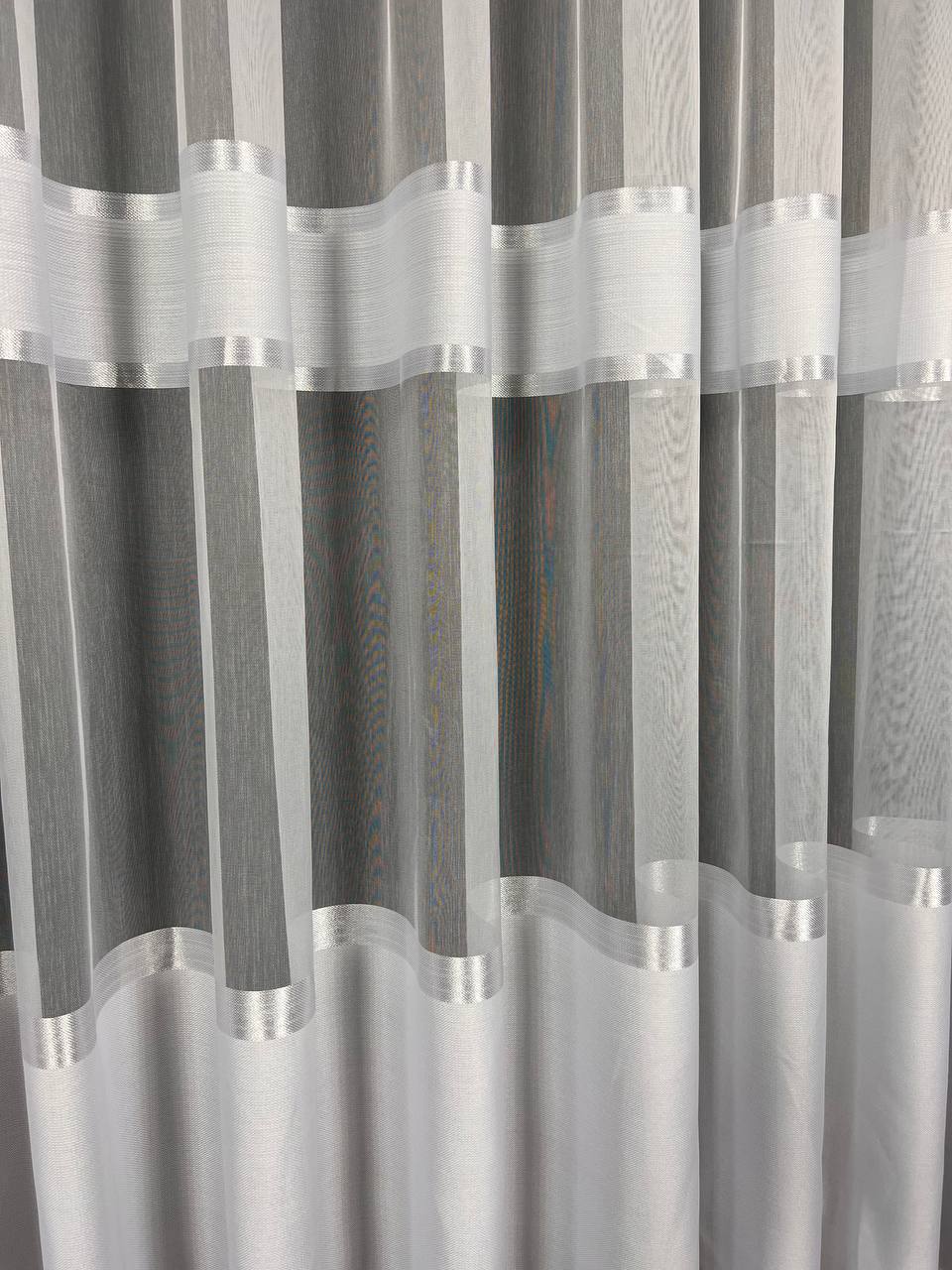 Sheer curtain with stripes and satin inserts, white color