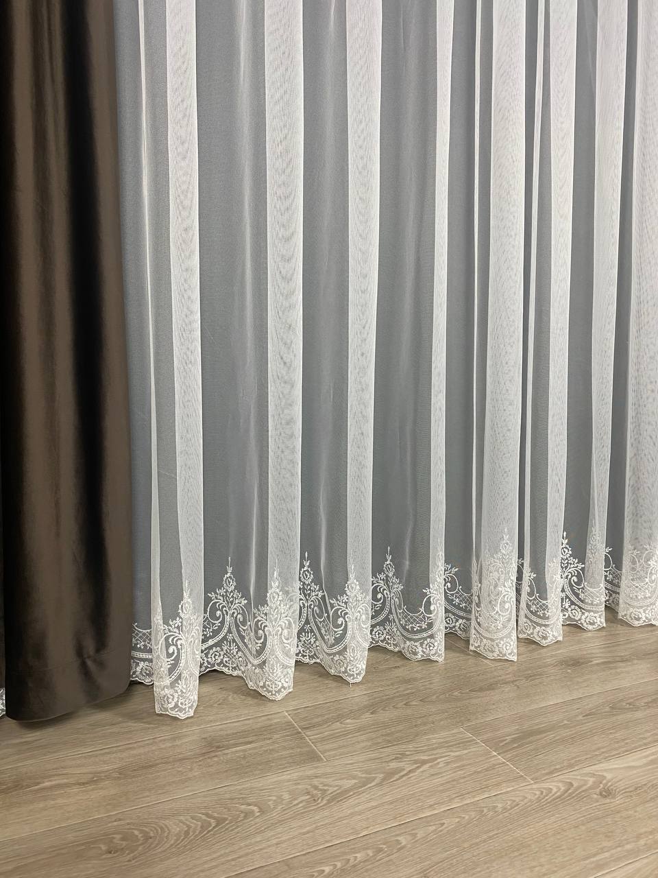 Sheer curtain with beautiful embroidery at the bottom, milk color