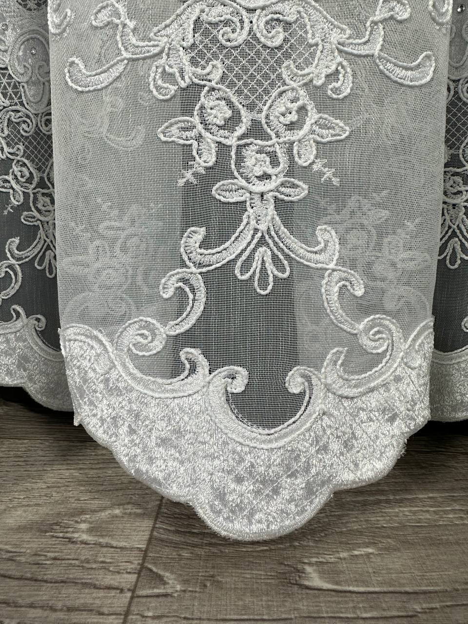 Sheer curtain with velvet inserts, stones and elegant embroidery, white color