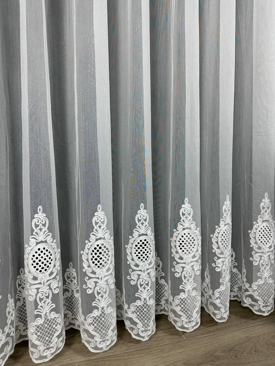 Sheer curtain with chenille embroidery on the bottom , milk color