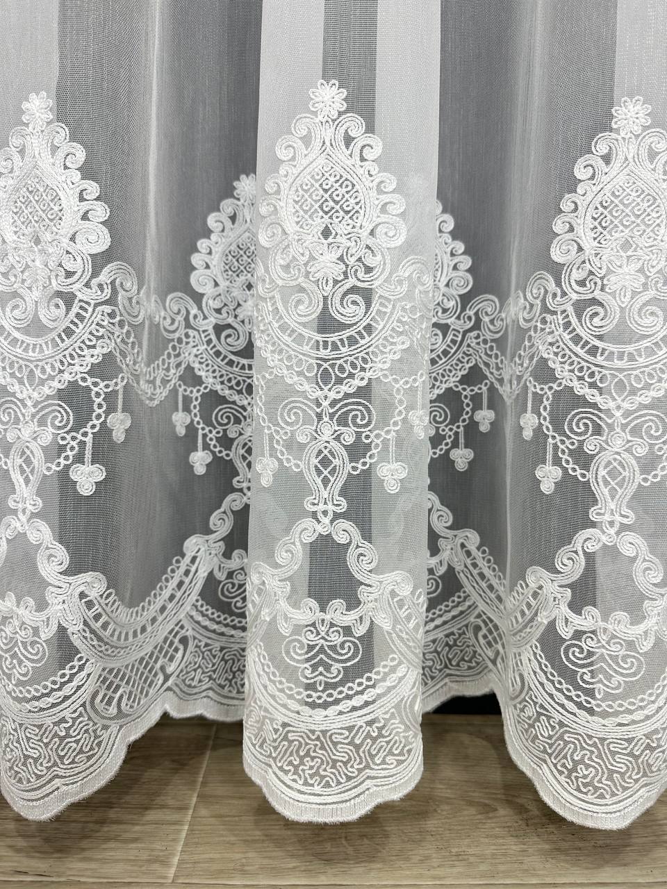 Sheer curtain with chenille embroidery on the bottom , milk color