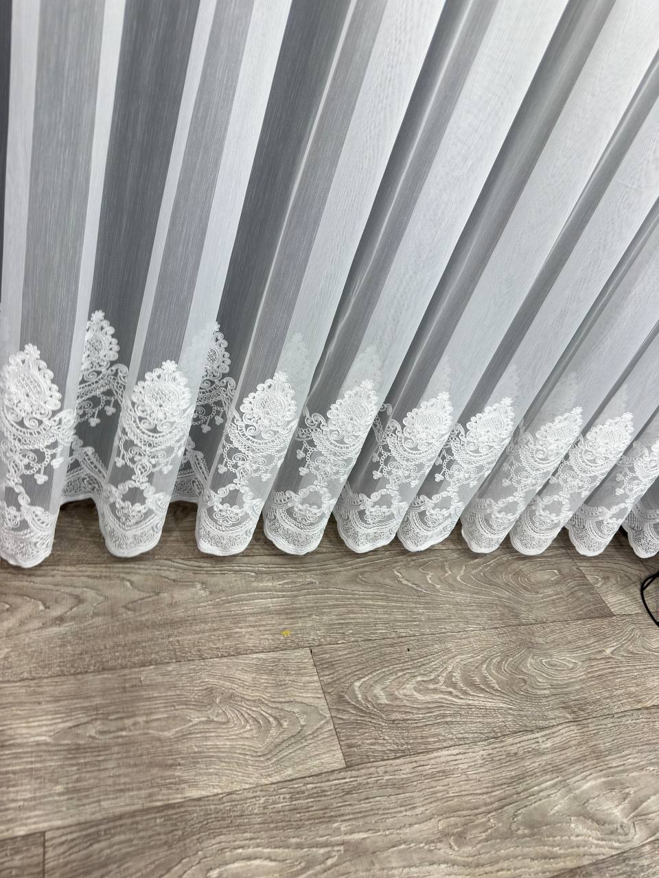 Sheer curtain with chenille embroidery on the bottom , white color