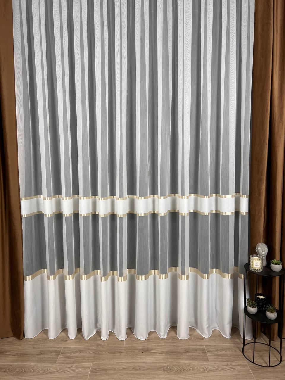 Sheer curtain with stripes and satin inserts, golden color