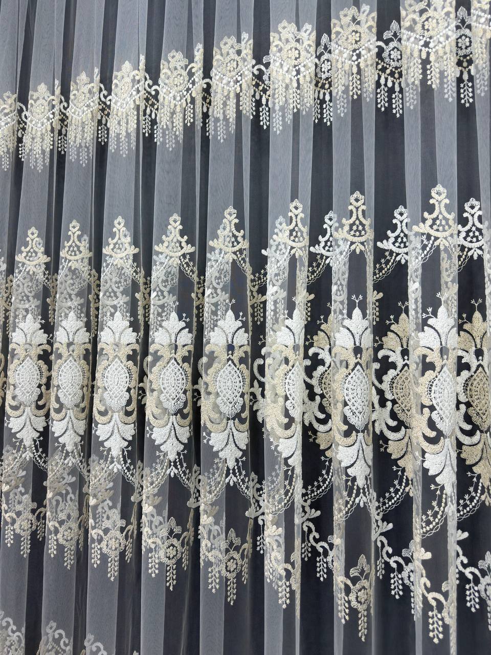 Sheer curtain with beautiful embroidery, milk with gold color
