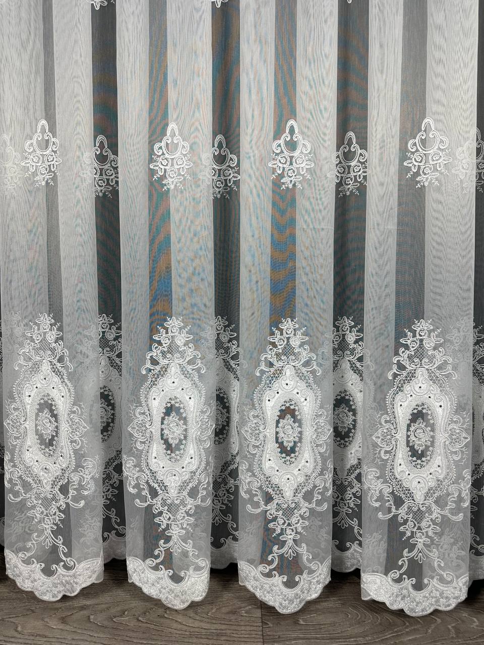 Sheer curtain with velvet inserts, stones and elegant embroidery, white color