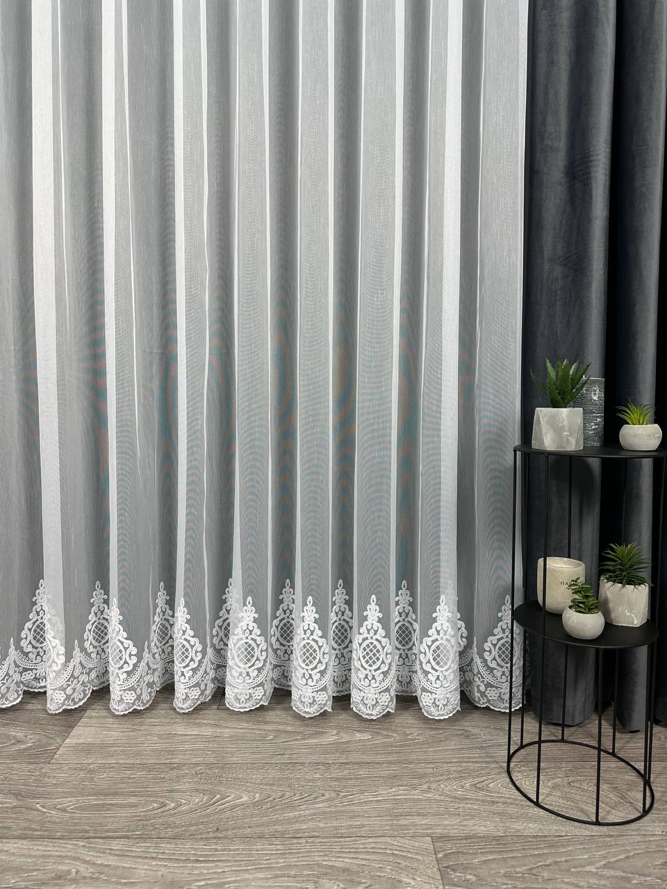 Sheer curtain with chenille embroidery on the bottom , white color