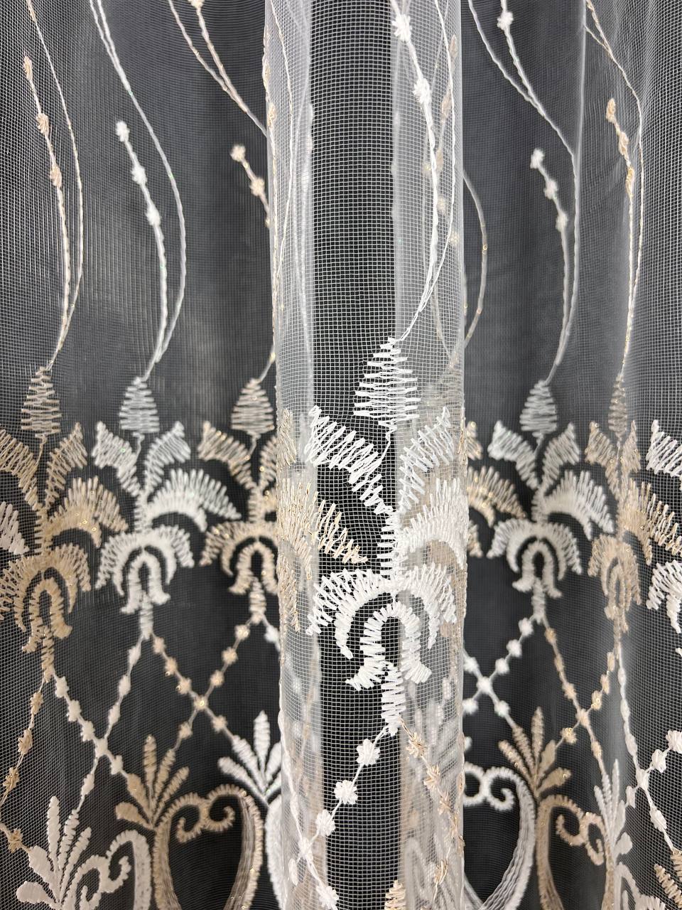 Sheer curtain with beautiful embroidery, milk with gold color