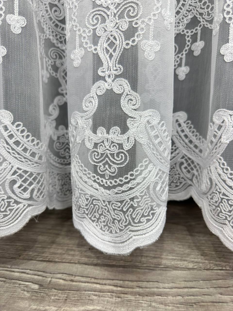 Sheer curtain with chenille embroidery on the bottom , white color