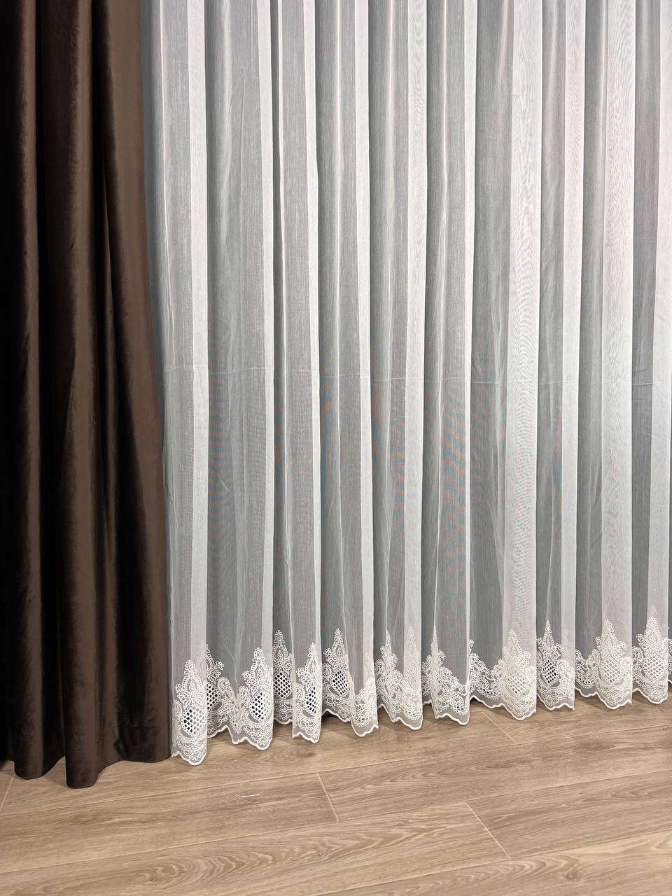 Sheer curtain with chenille embroidery on the bottom , milk color