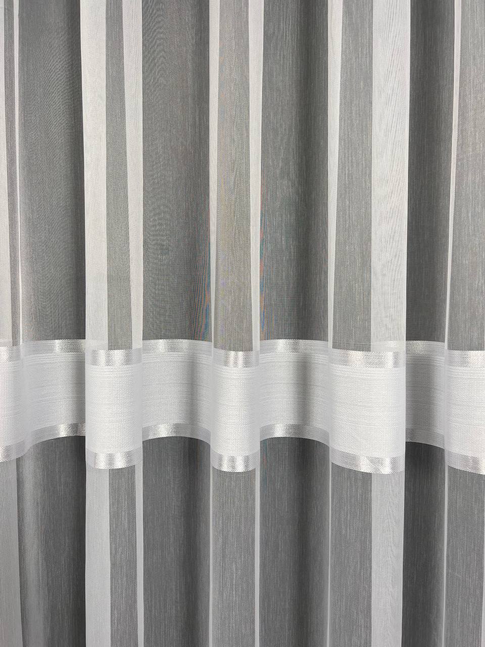 Sheer curtain with stripes and satin inserts, white color