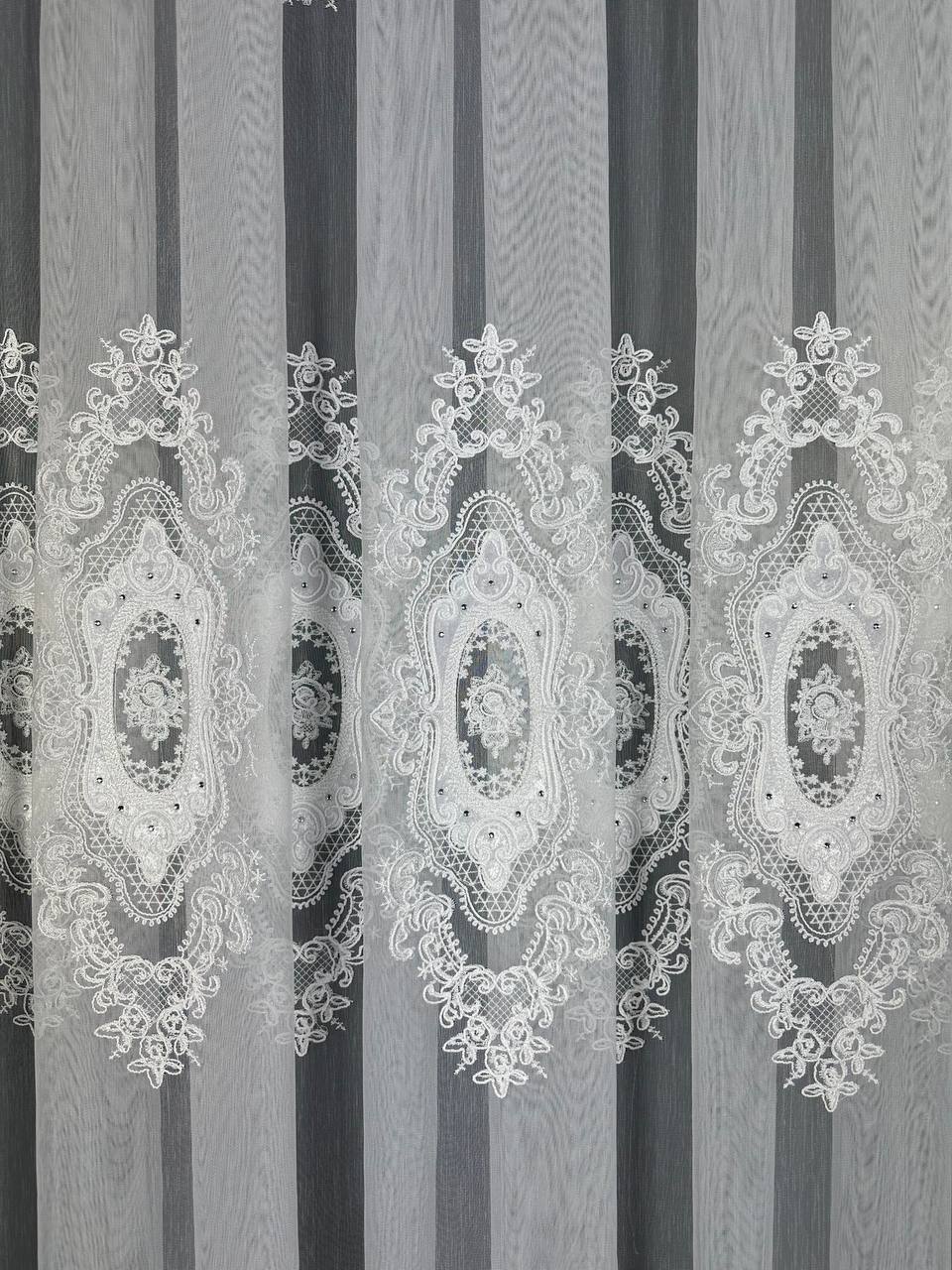 Sheer curtain with velvet inserts, stones and elegant embroidery, white color