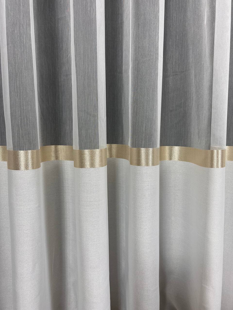 Sheer curtain with stripes and satin inserts, golden color