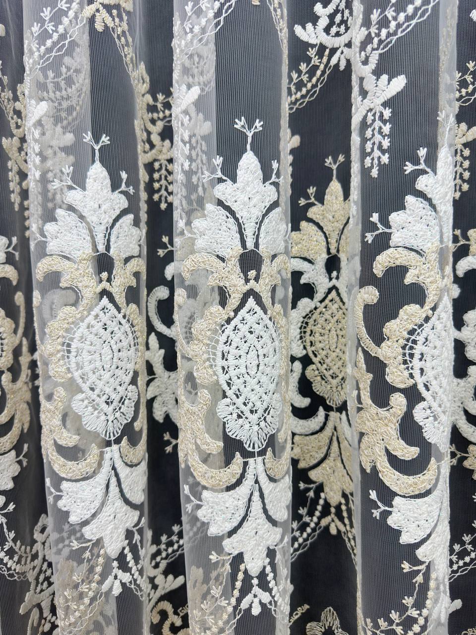 Sheer curtain with beautiful embroidery, milk with gold color