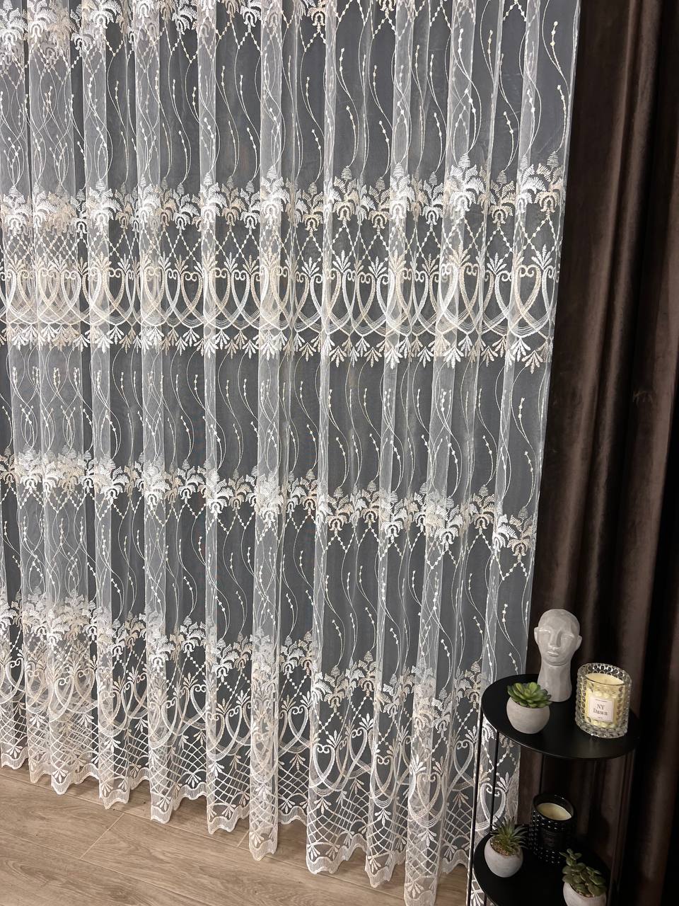 Sheer curtain with beautiful embroidery, milk with gold color