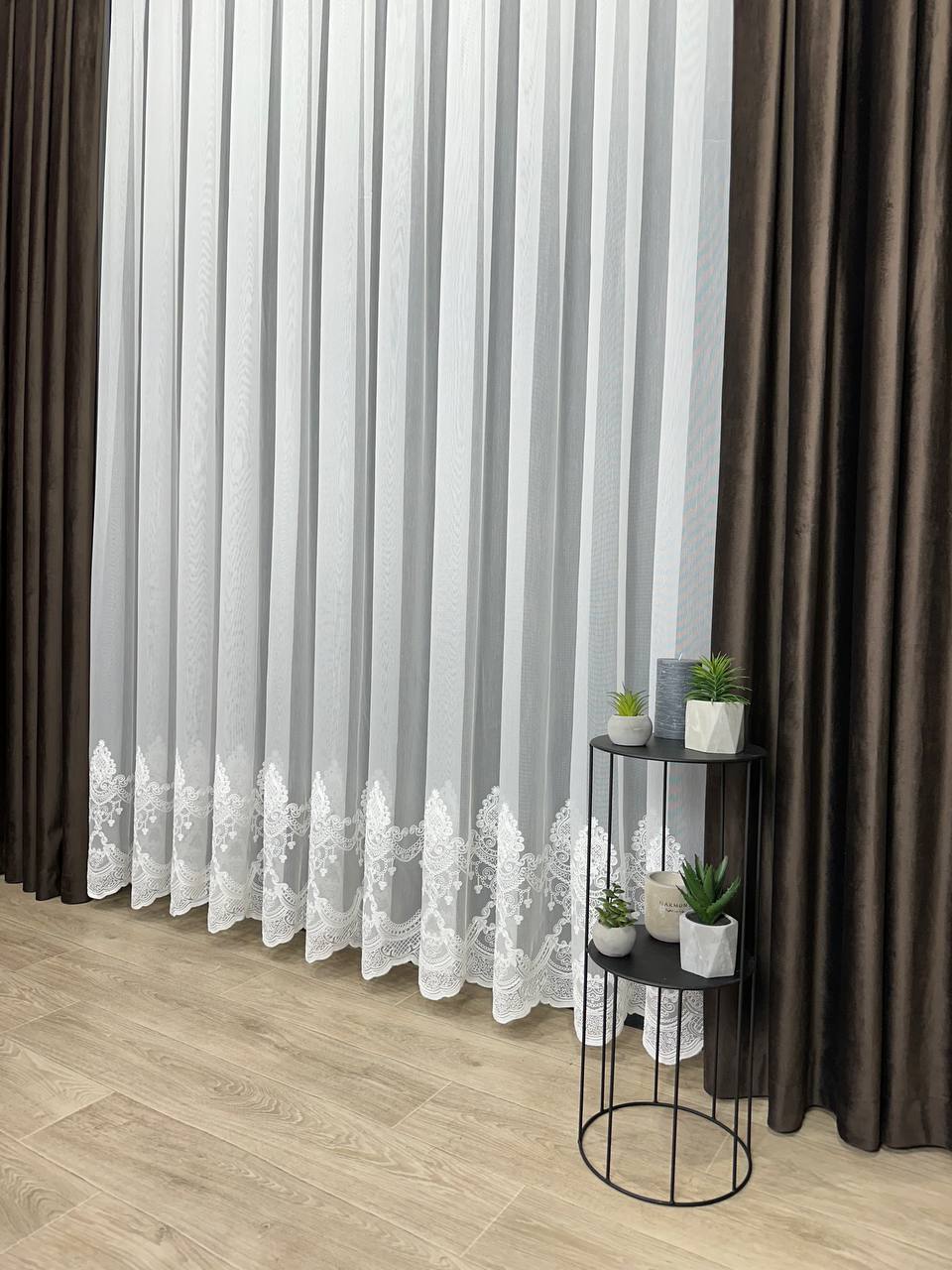 Sheer curtain with chenille embroidery on the bottom , milk color