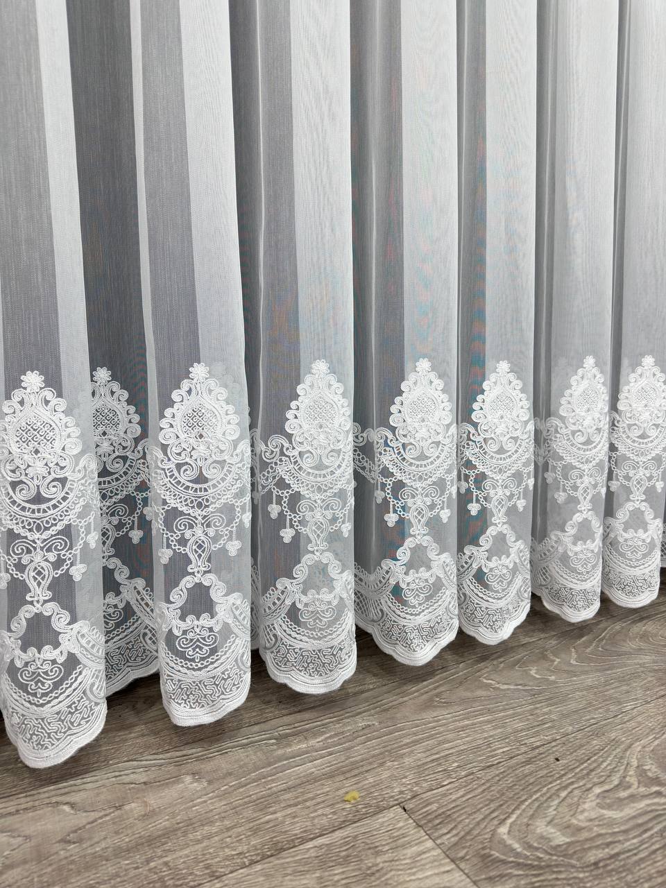 Sheer curtain with chenille embroidery on the bottom , white color