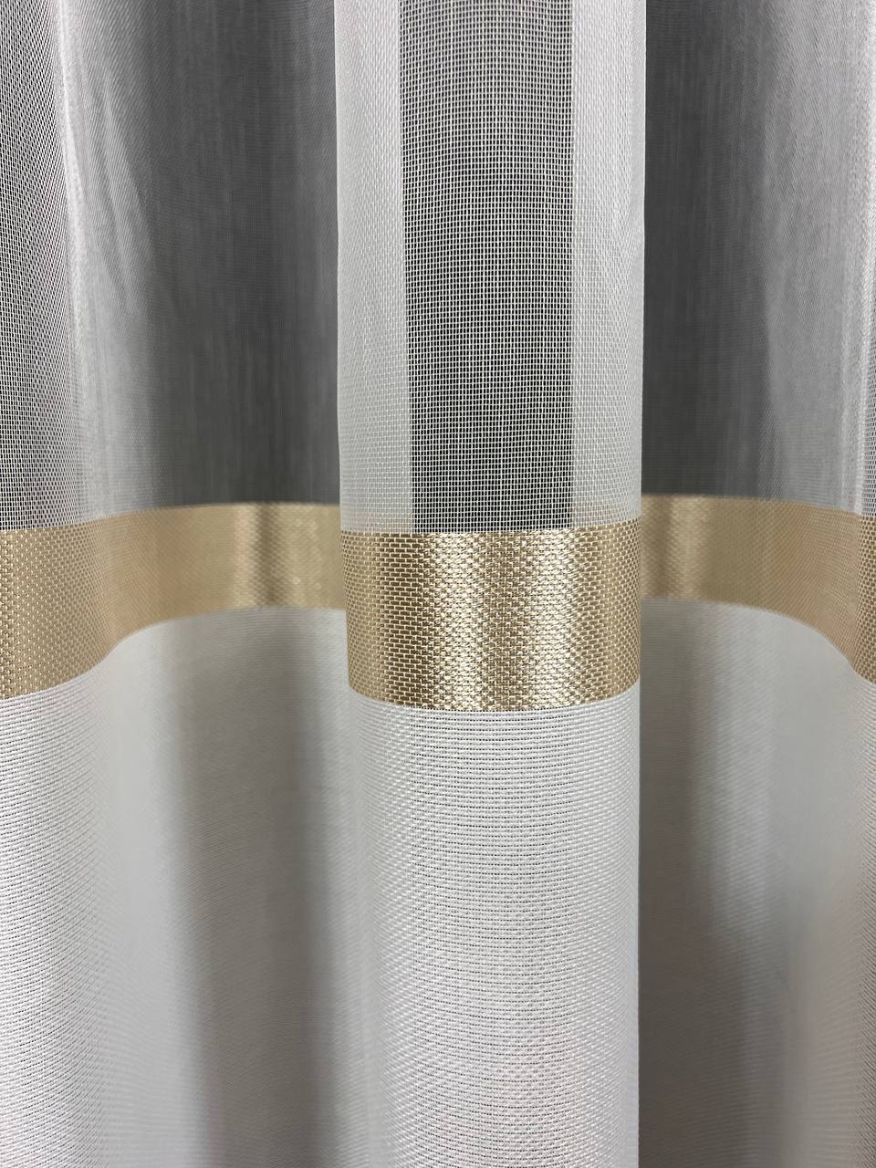 Sheer curtain with stripes and satin inserts, golden color