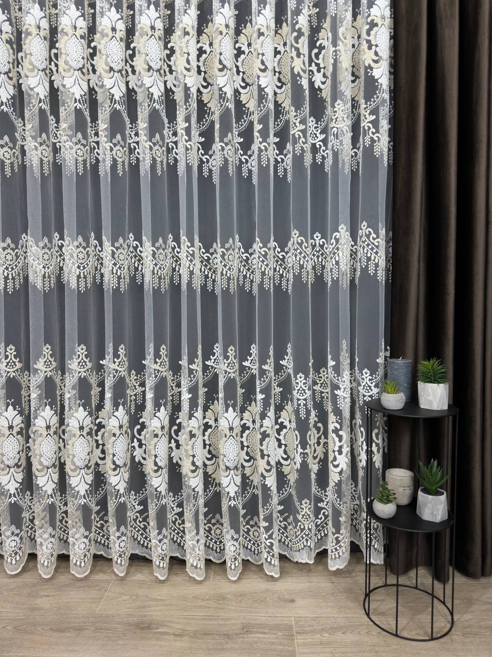 Sheer curtain with beautiful embroidery, milk with gold color