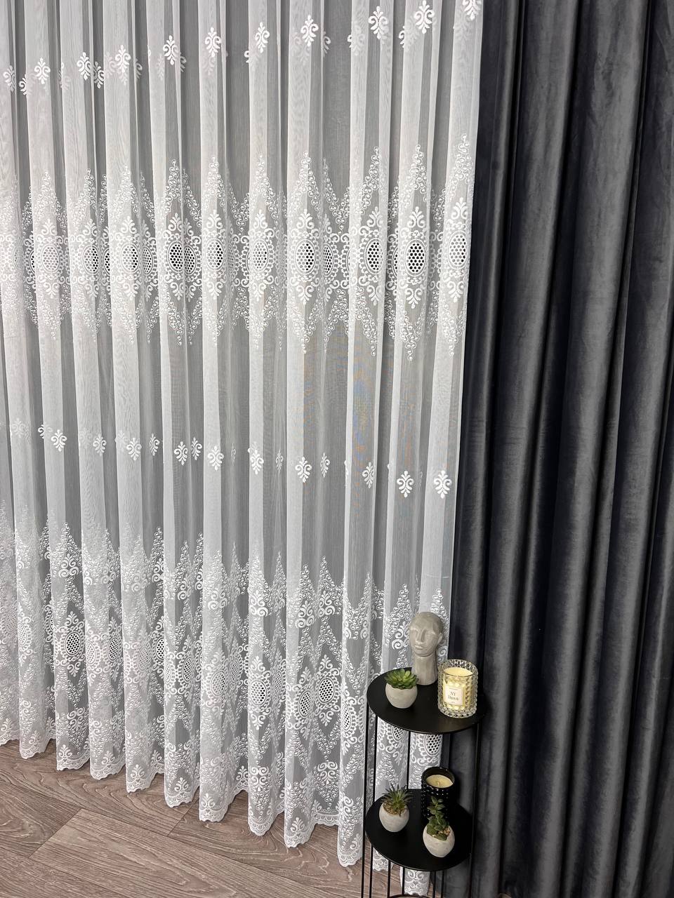 Sheer curtain with beautiful embroidery, white color