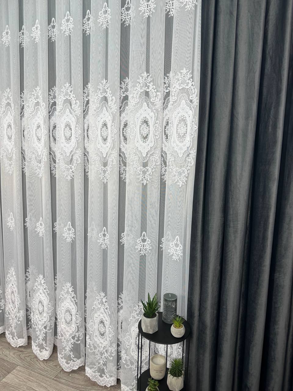 Sheer curtain with velvet inserts, stones and elegant embroidery, white color