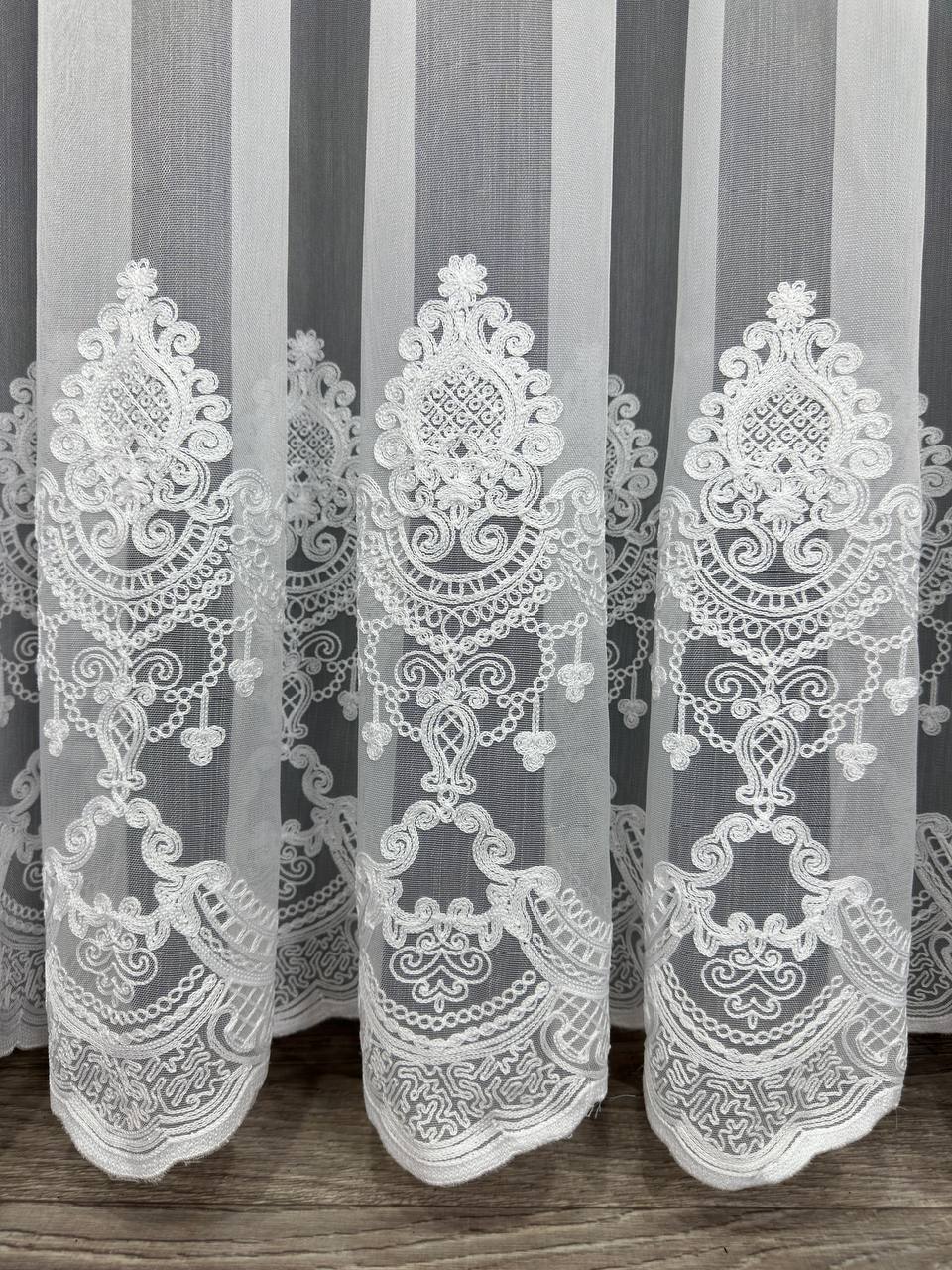 Sheer curtain with chenille embroidery on the bottom , white color