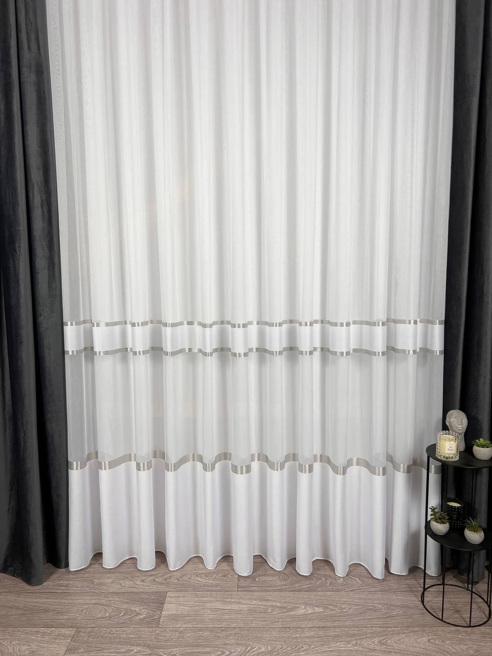 Sheer curtain with stripes and satin inserts, gray color