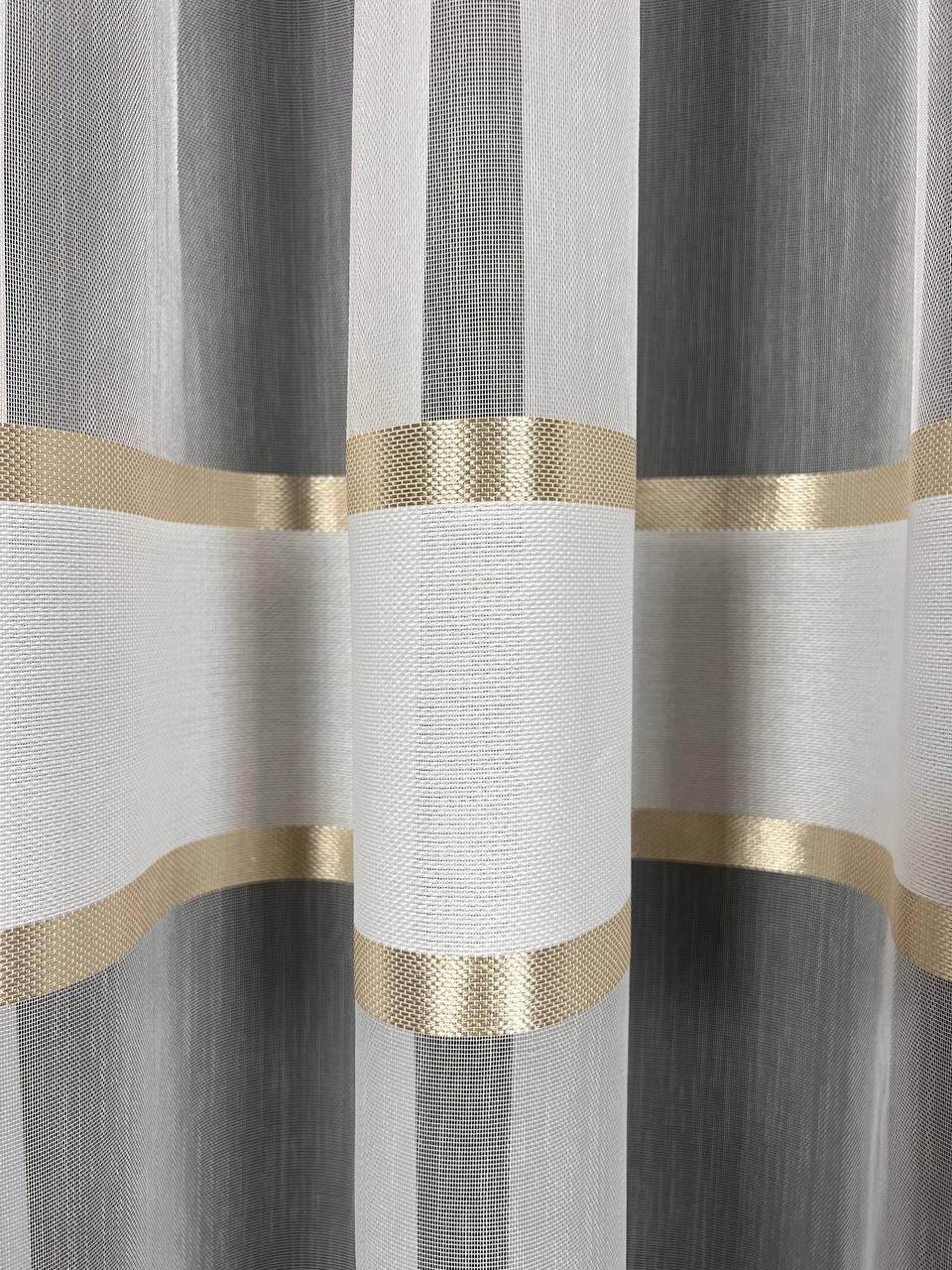 Sheer curtain with stripes and satin inserts, golden color