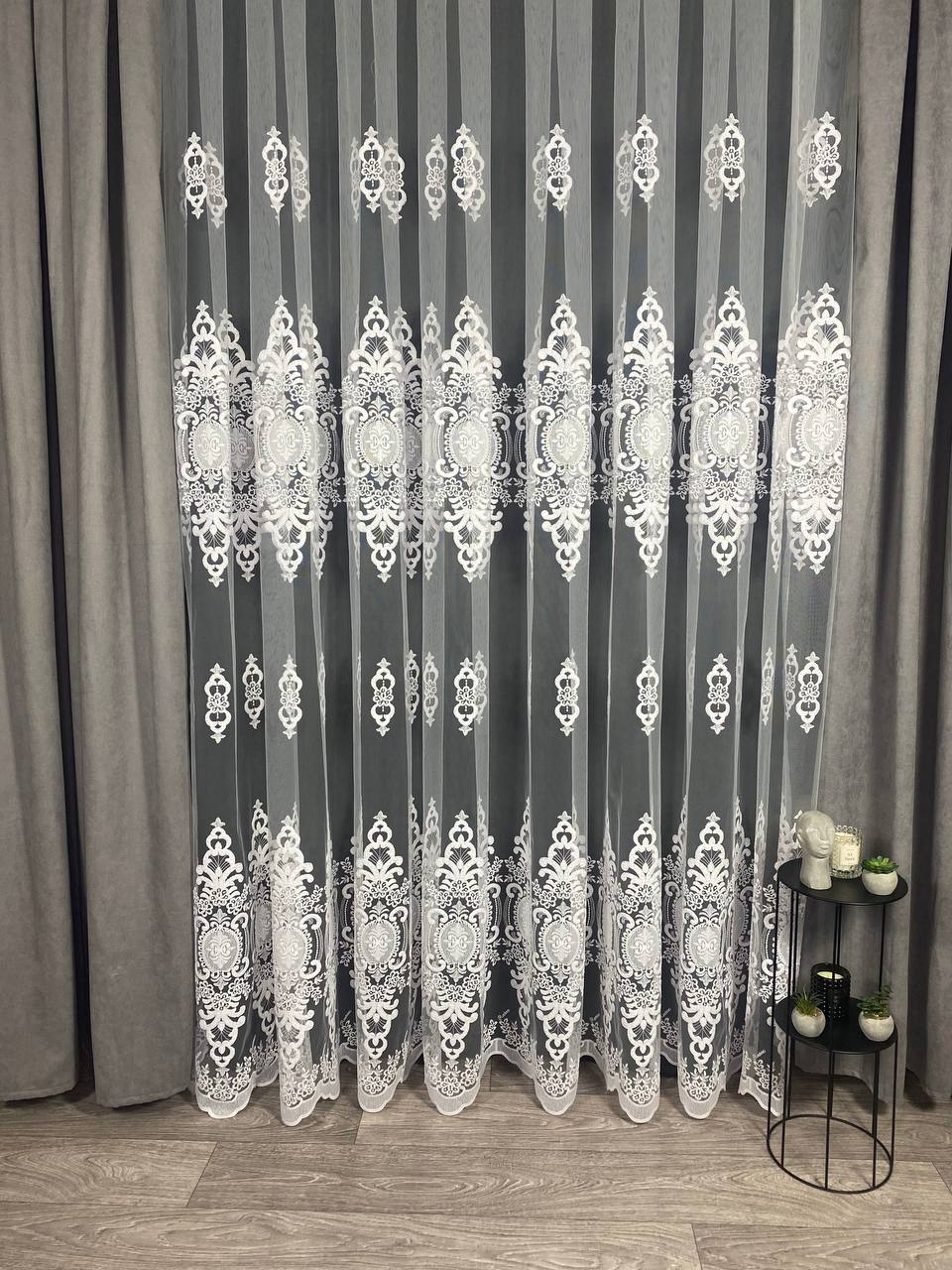 Sheer curtain with beautiful embroidery, white color