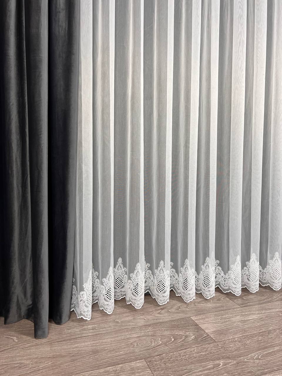 Sheer curtain with chenille embroidery on the bottom , white color