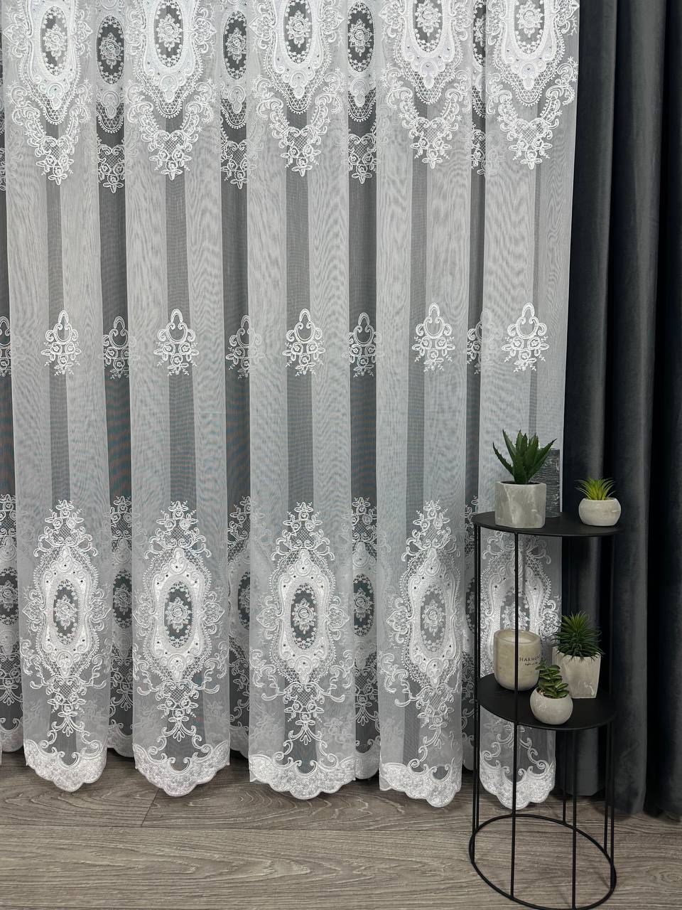 Sheer curtain with velvet inserts, stones and elegant embroidery, white color