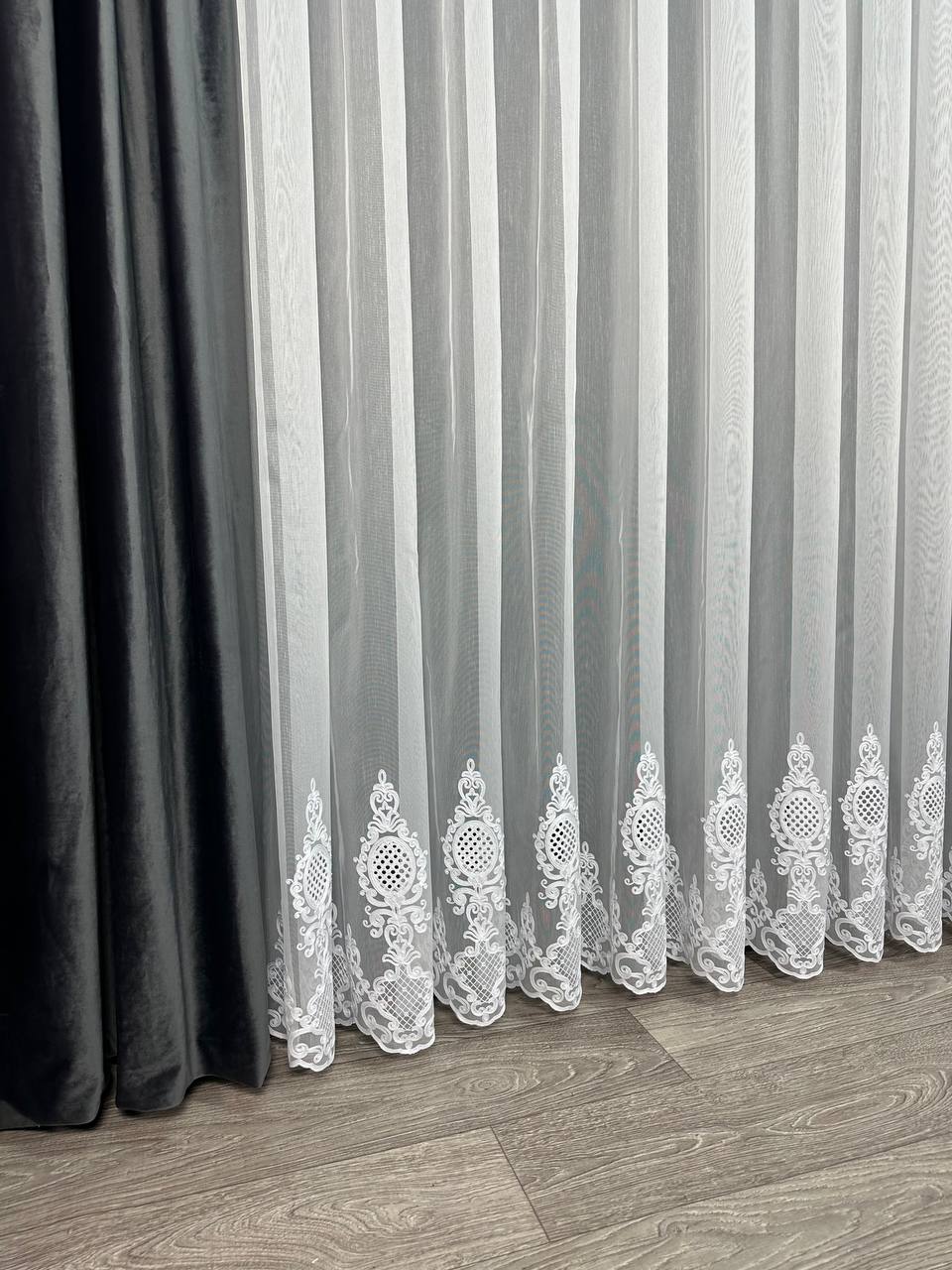 Sheer curtain with chenille embroidery on the bottom , white color