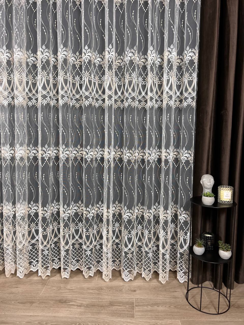 Sheer curtain with beautiful embroidery, milk with gold color