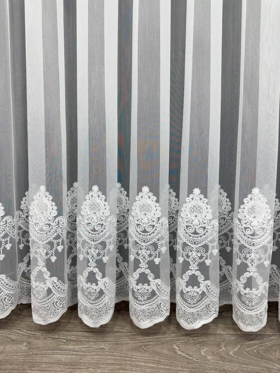 Sheer curtain with chenille embroidery on the bottom , white color