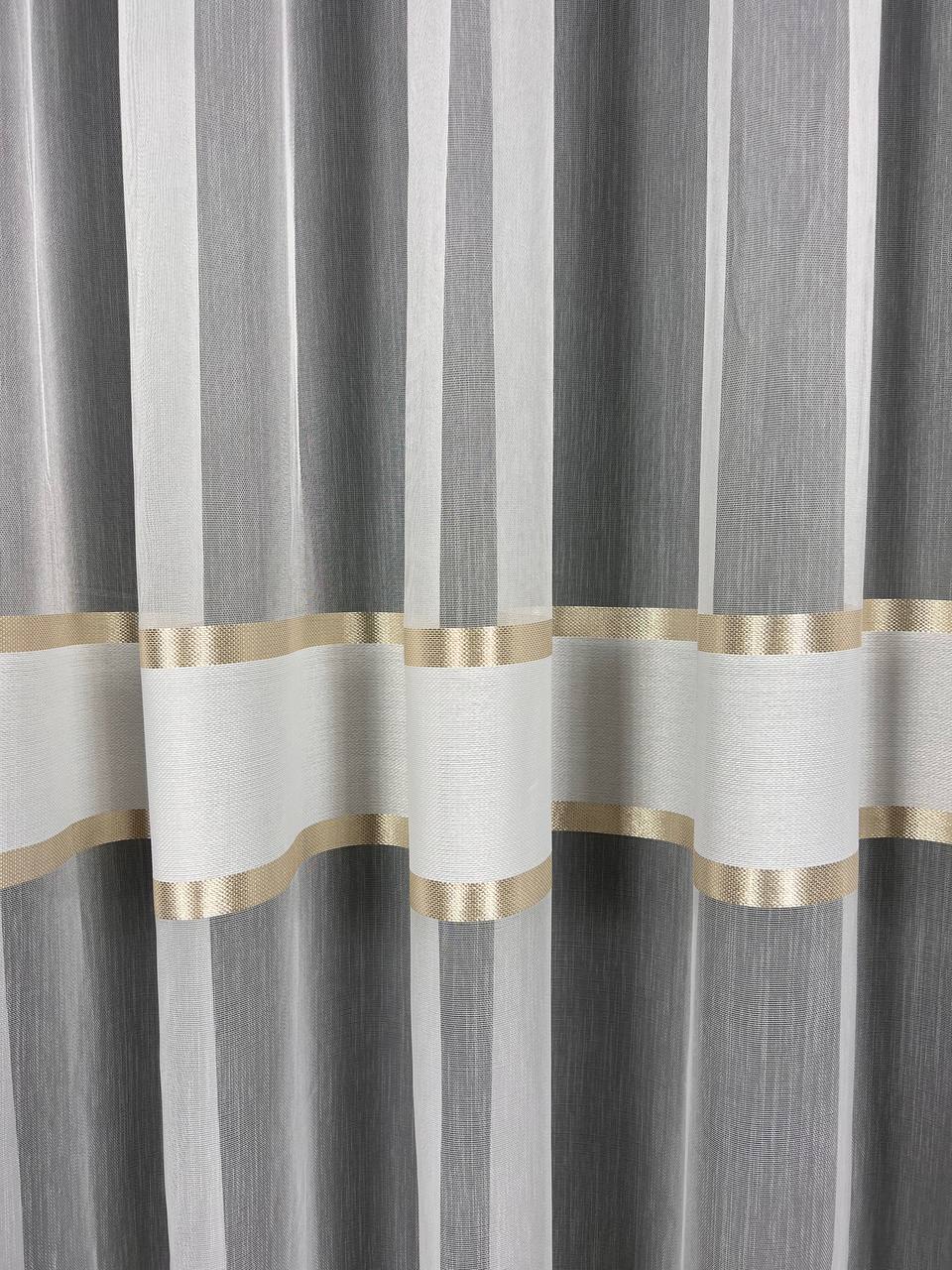 Sheer curtain with stripes and satin inserts, golden color