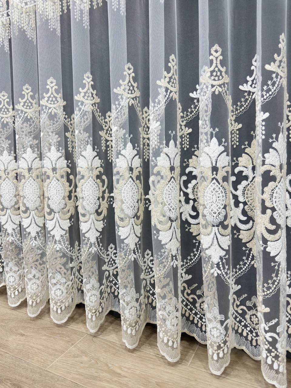 Sheer curtain with beautiful embroidery, milk with gold color