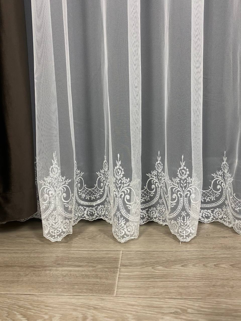 Sheer curtain with beautiful embroidery at the bottom, milk color