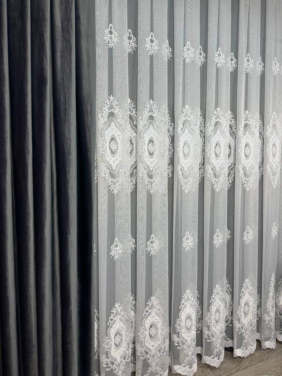 Sheer curtain with velvet inserts, stones and elegant embroidery, white color