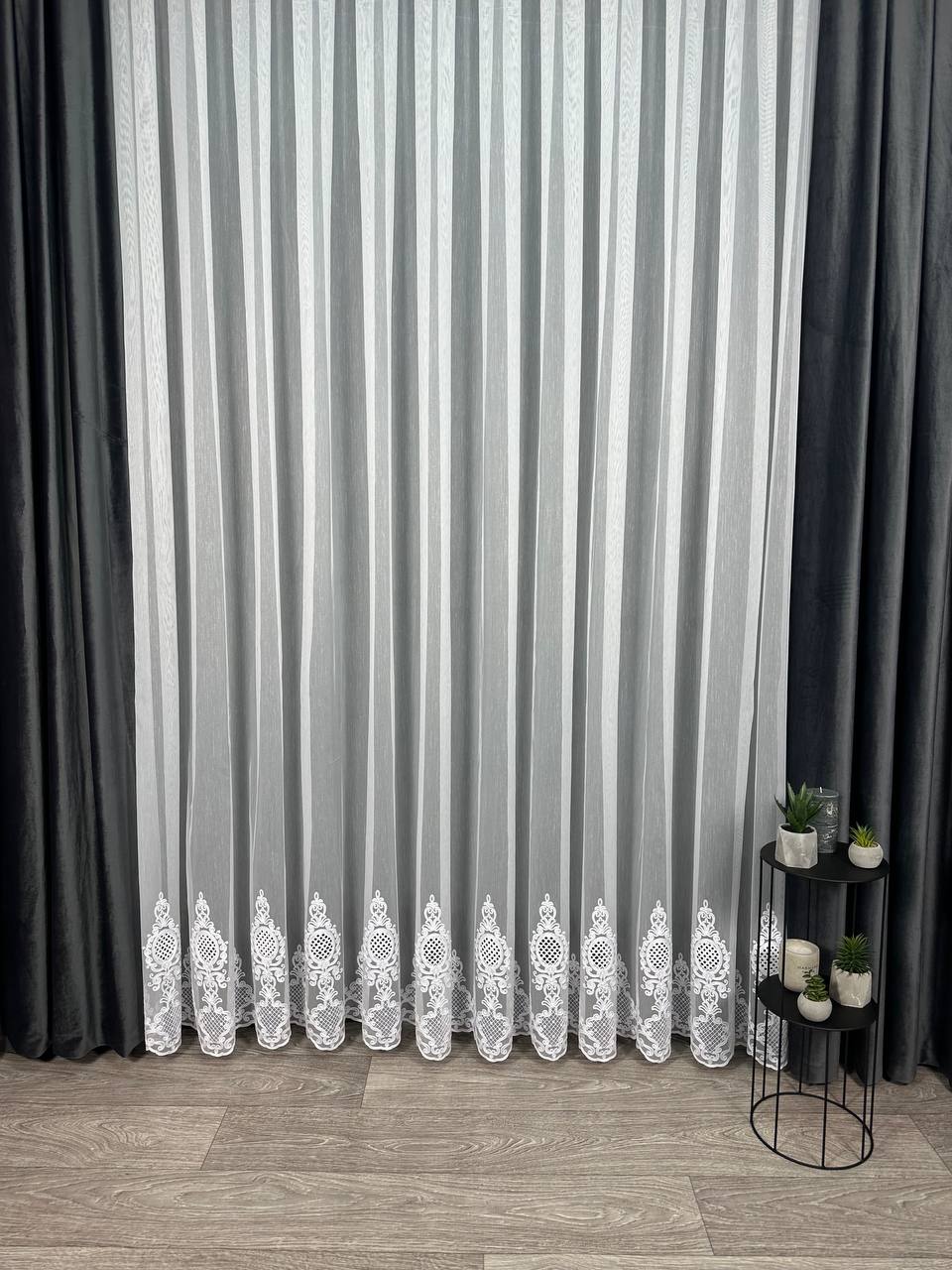 Sheer curtain with chenille embroidery on the bottom , white color