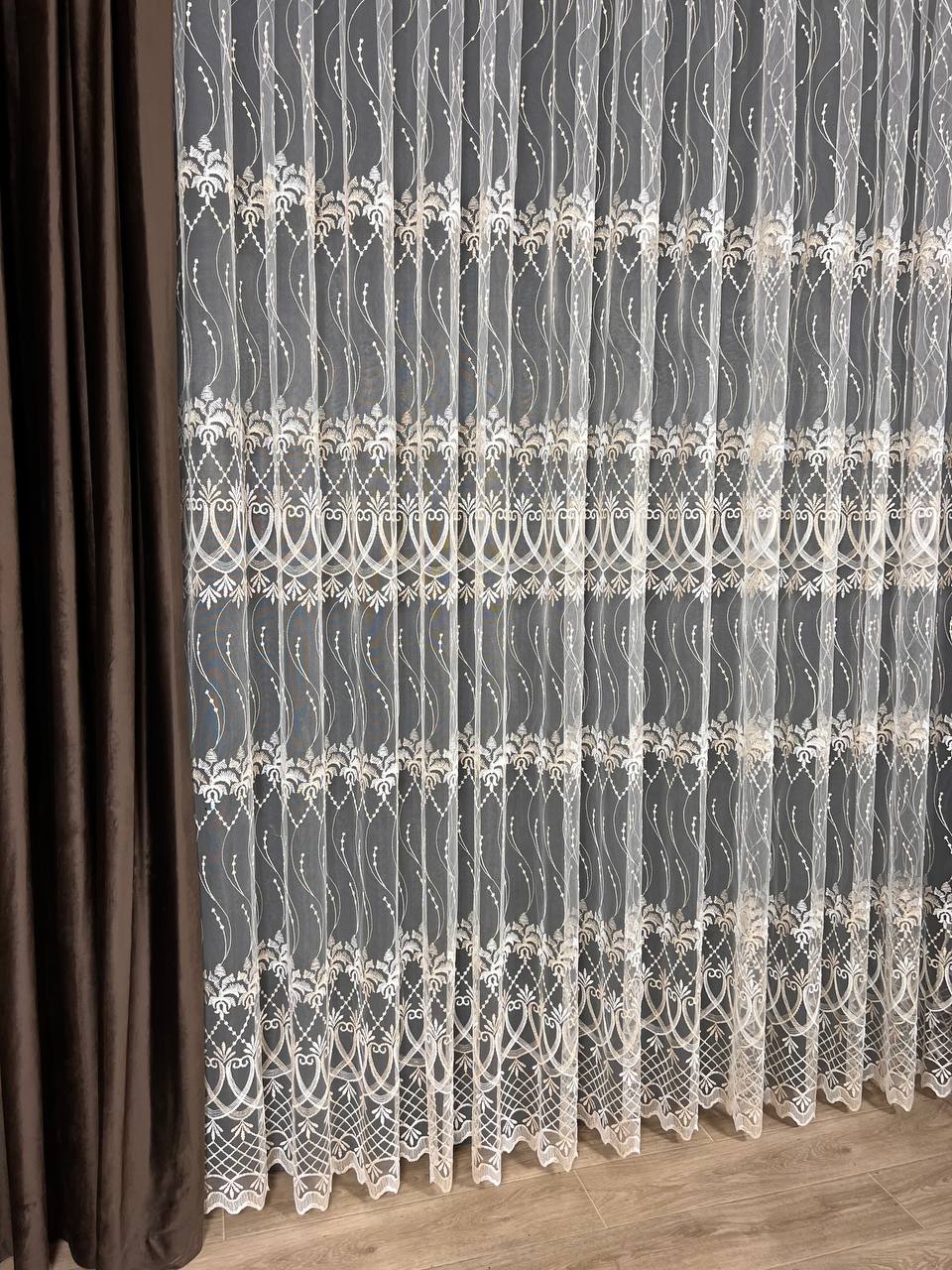 Sheer curtain with beautiful embroidery, milk with gold color